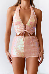 Crystal Ball Sequin Crop Top Peach
