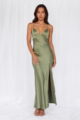 The Sophia Satin Maxi Dress Olive